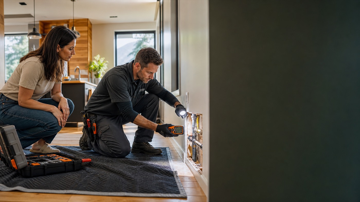 Hero photo — friendly plumber at a Texas home, sunny daylight